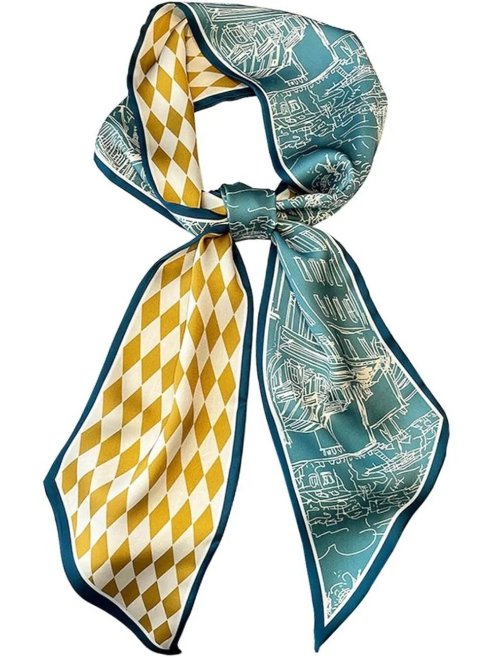 Women's Green Yellow Grid Silky Satin Headscarf Wrap Lightweight Scarves Scarf